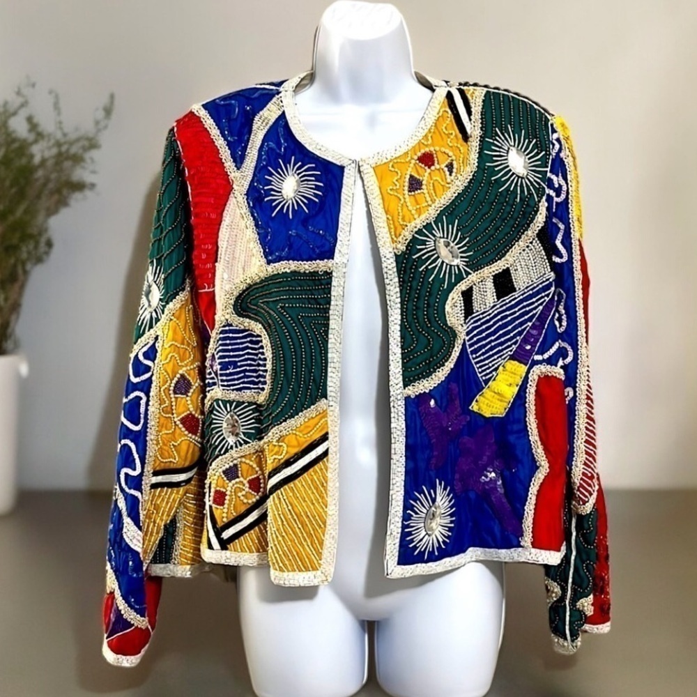 Vntg Judith Ann Creations Silk Heavy Beaded Christmas Jacket Neiman Marcus Sz L